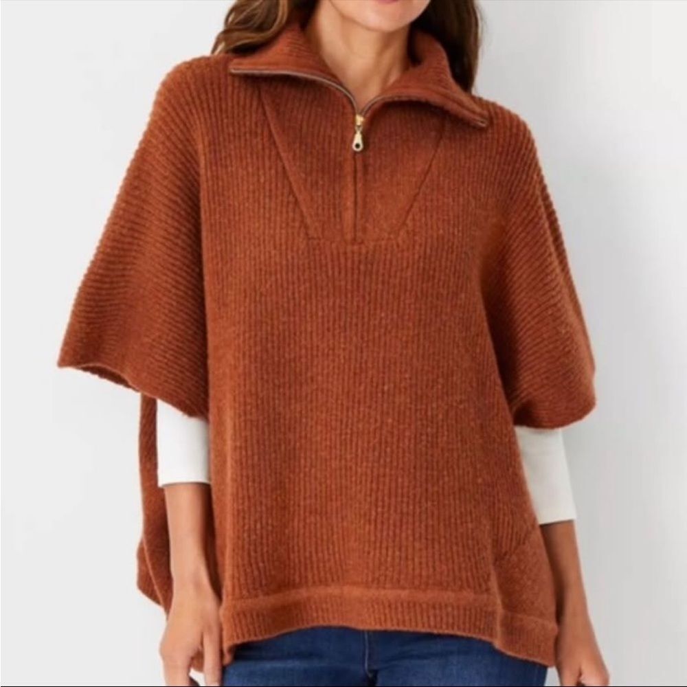 Ann Taylor Ribbed Zip Oversized Poncho Sweater Size XS/Small Caramel Cozy